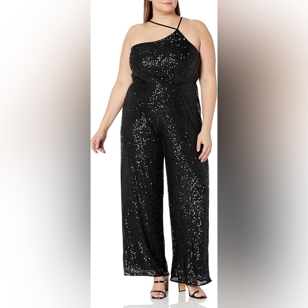 City Chic Black Sequin Jumpsuit Size S NWT One-Shoulder Wide-Leg Glam Party